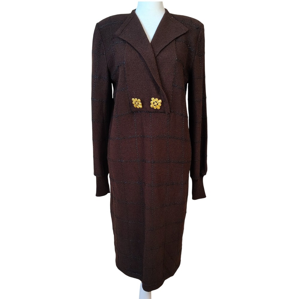 Vintage 80s Roberta Fashions Dress Medium Brown Plaid Knit Midi‎ Career Office
